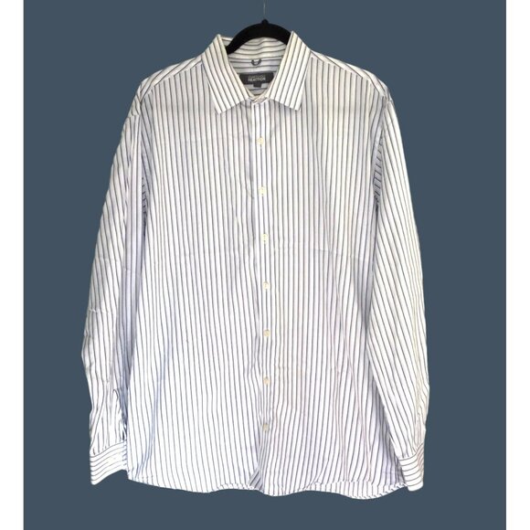 KENNETH COLE- REACTION MENS WHITE/BLUE STRIPE LONG SLEEVE BUTTON DOWN NECK 17.5 - Picture 1 of 6